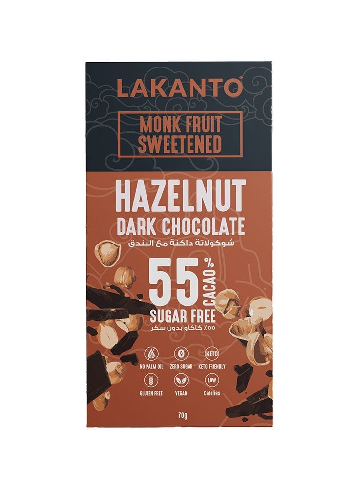 Hazelnut Dark Chocolate Bar Sweetened With Monkfruit - 70g